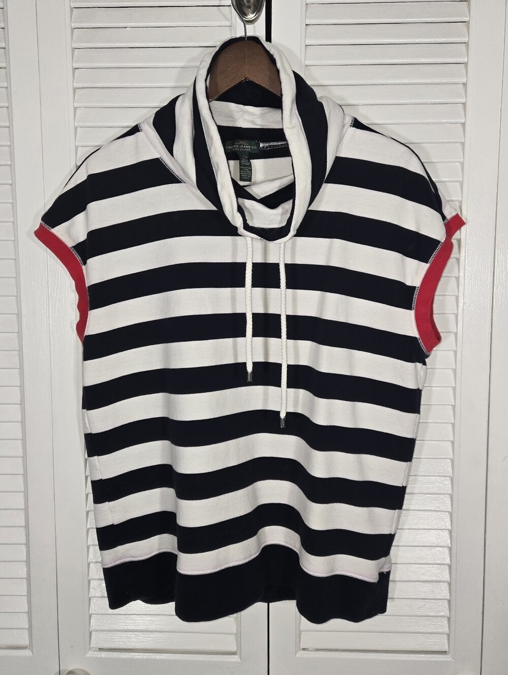 Lauren Jean Com Sleeveless Striped Nautical Cowl Neck Red Trim Drawstring Top XL
